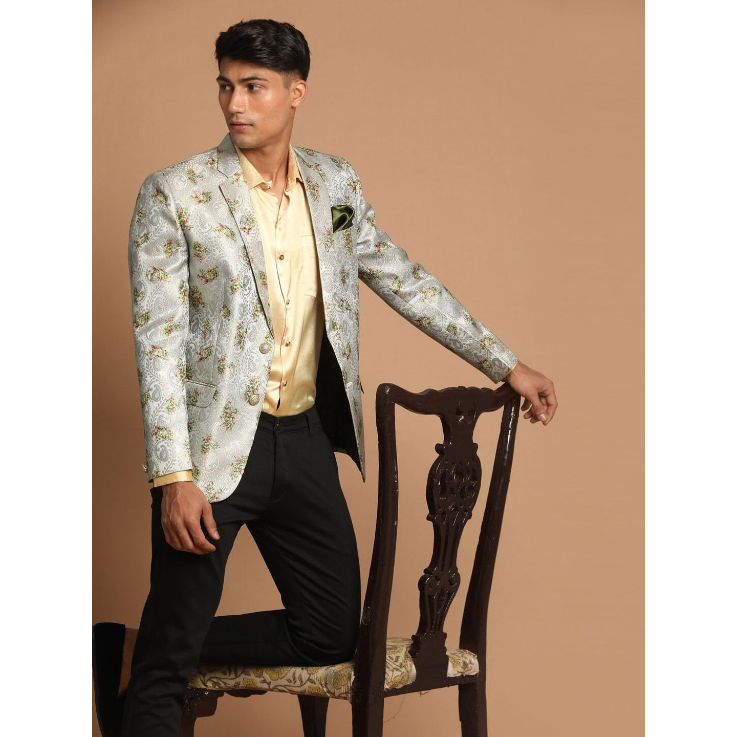 VASTRAMAY Men's Green Jaquared Blazer_VASMCT005GN_40