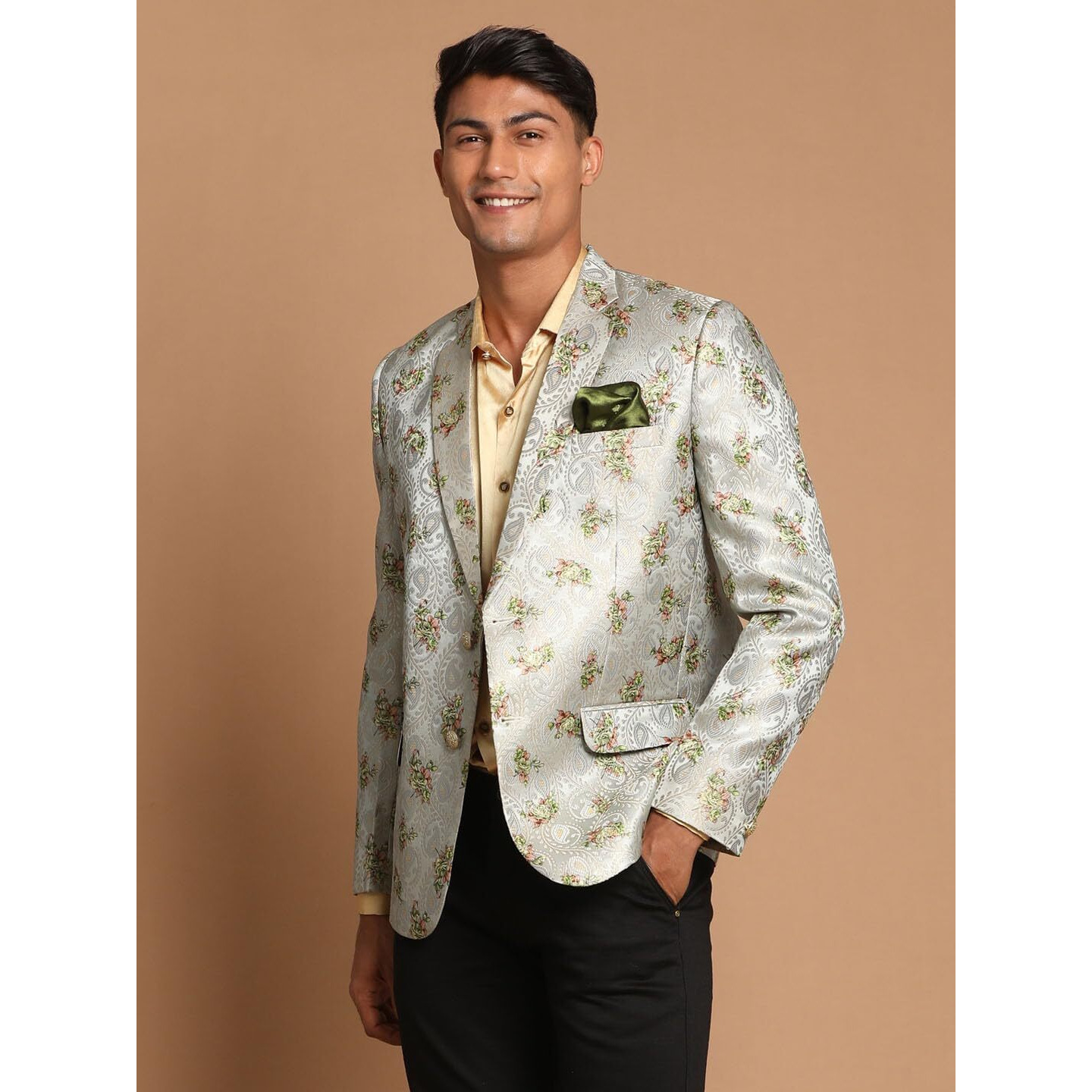 VASTRAMAY Men's Green Jaquared Blazer_VASMCT005GN_40
