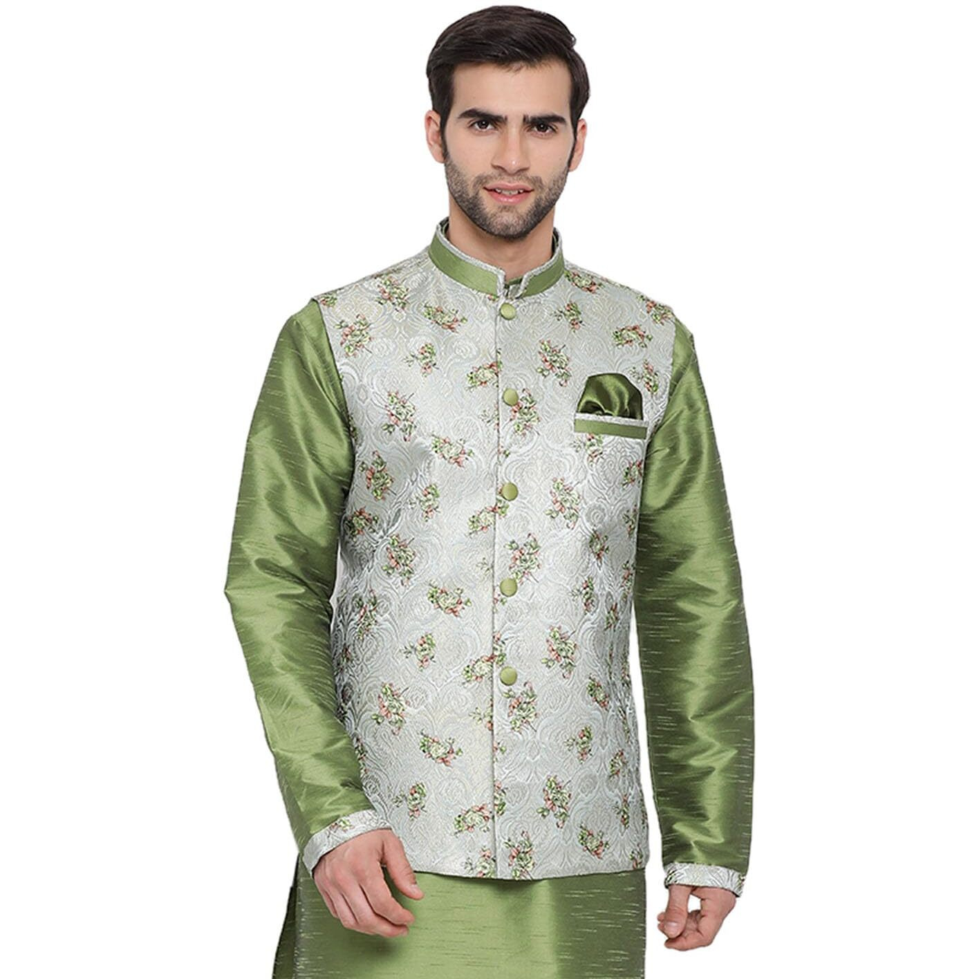 VASTRAMAY Men's Green Cotton Silk Jacket_VASMJ056GN_36