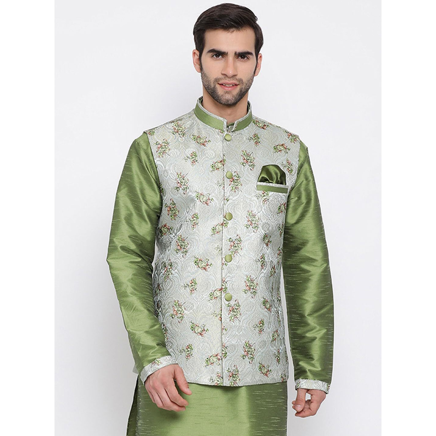 VASTRAMAY Men's Green Cotton Silk Jacket_VASMJ056GN_36