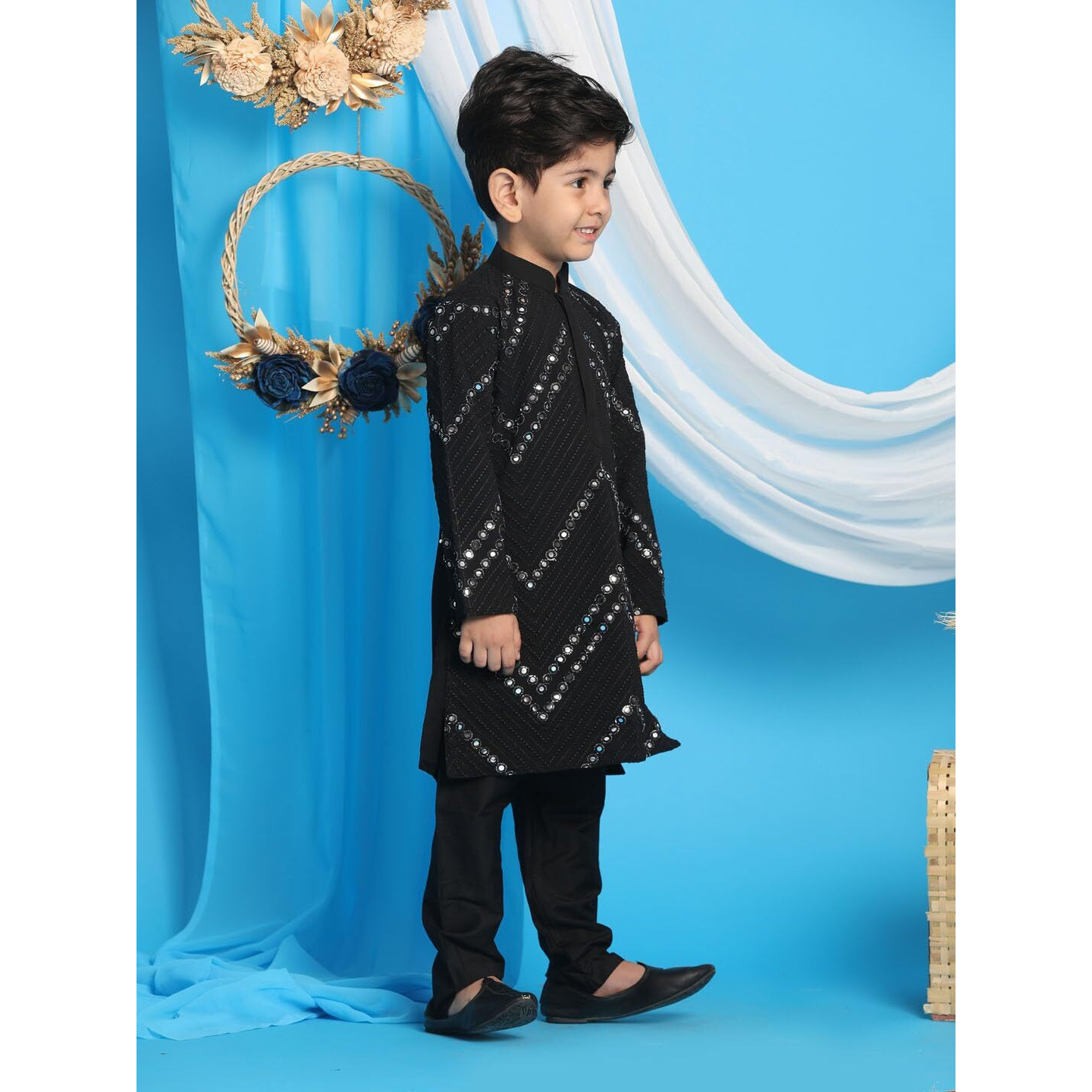 VASTRAMAY Boys' Black Kurta Pyjama Set | Boy's Mirror work Black Georgette Kurta and Pyjama Set for Navratri, Diwali & Festive Celebrations - Stylish and Comfortable Indian Outfit for Kids