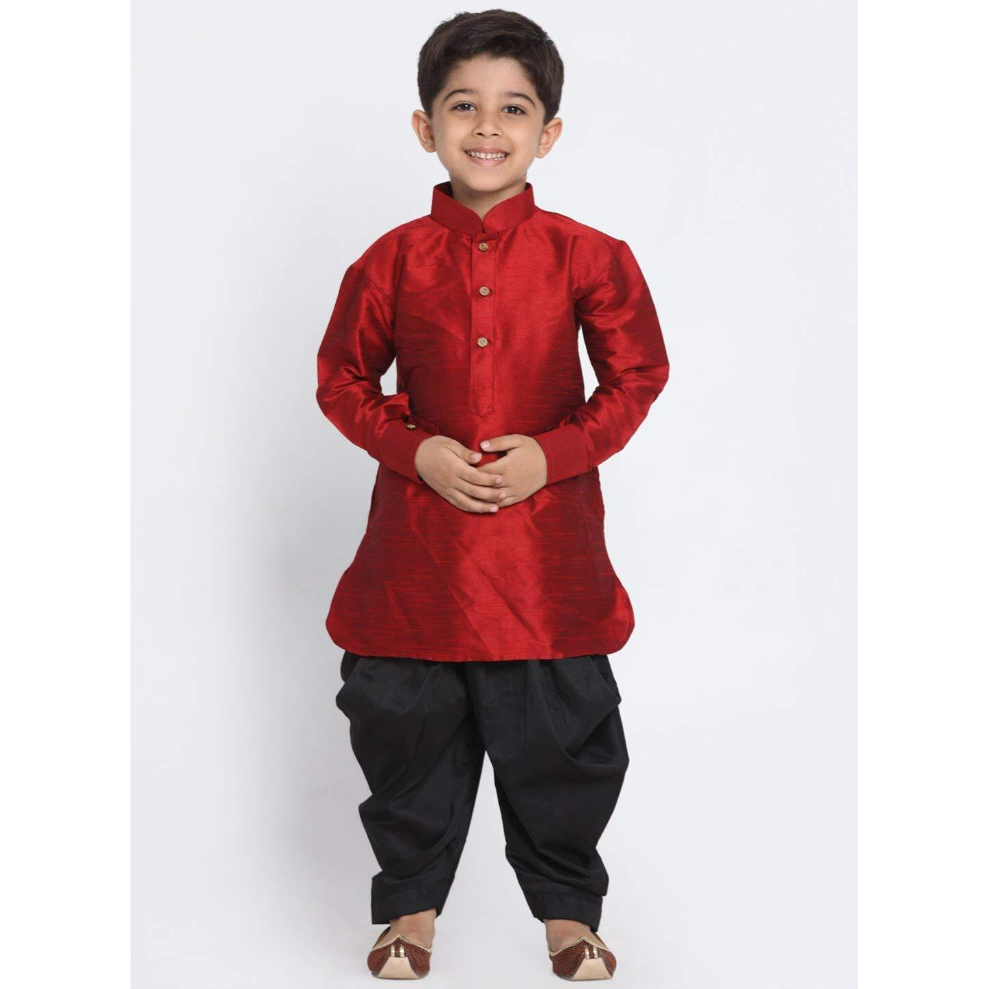 VASTRAMAY Cotton Silk Solid Regular Kurta Set (VASBBUK001MAnCDBL_42/14_Maroon_Man Boy-(6-12 Months))