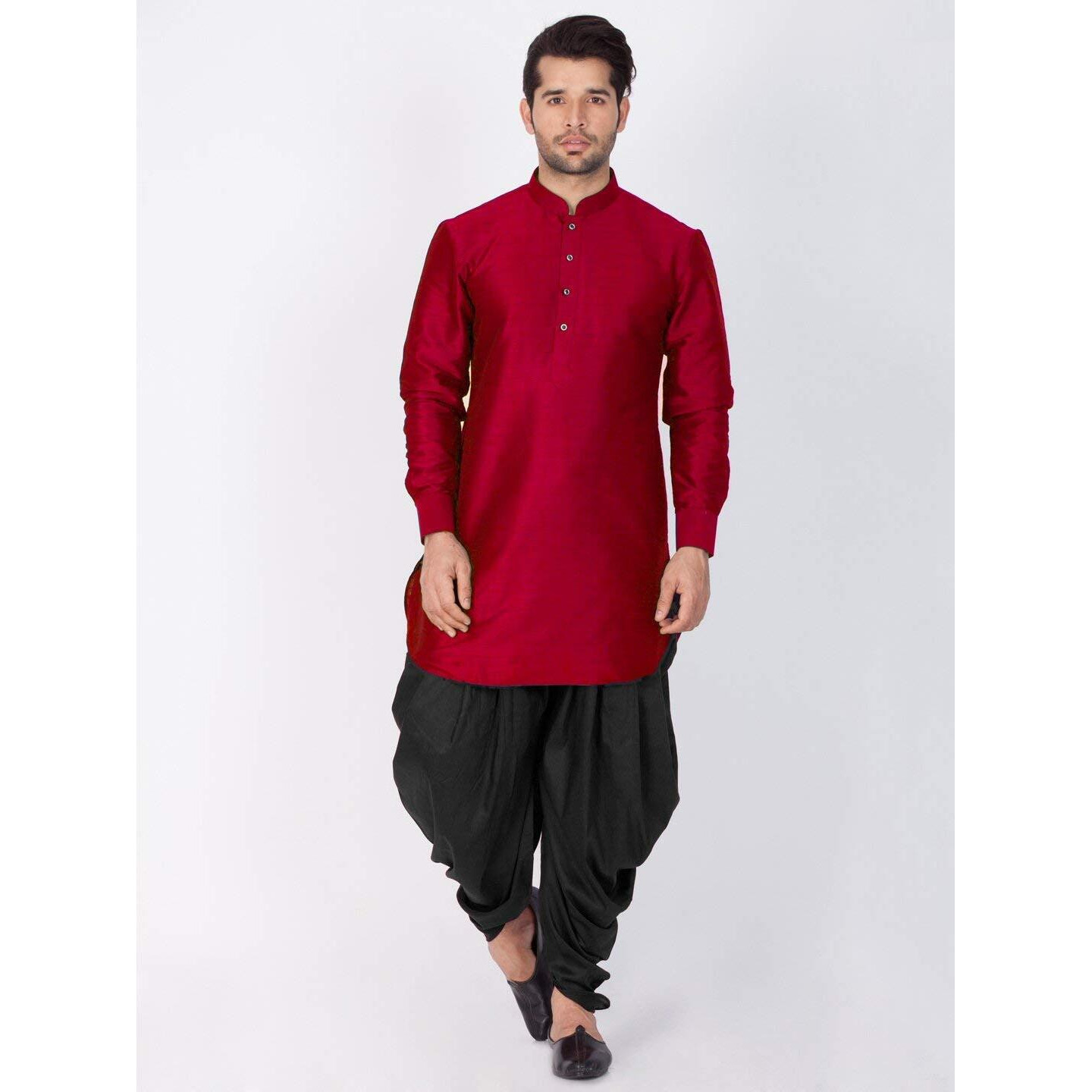 VASTRAMAY Cotton Silk Solid Regular Kurta Set (VASBBUK001MAnCDBL_42/14_Maroon_Man Boy-(6-12 Months))