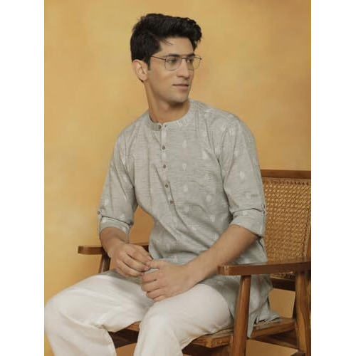 VASTRAMAY Men's Cotton Kurta for Men I Solid Self Design Knee Length Straight Regular Kurta I Casual Party Festive Wedding Dressing Style_VASMK295GN_38 Green