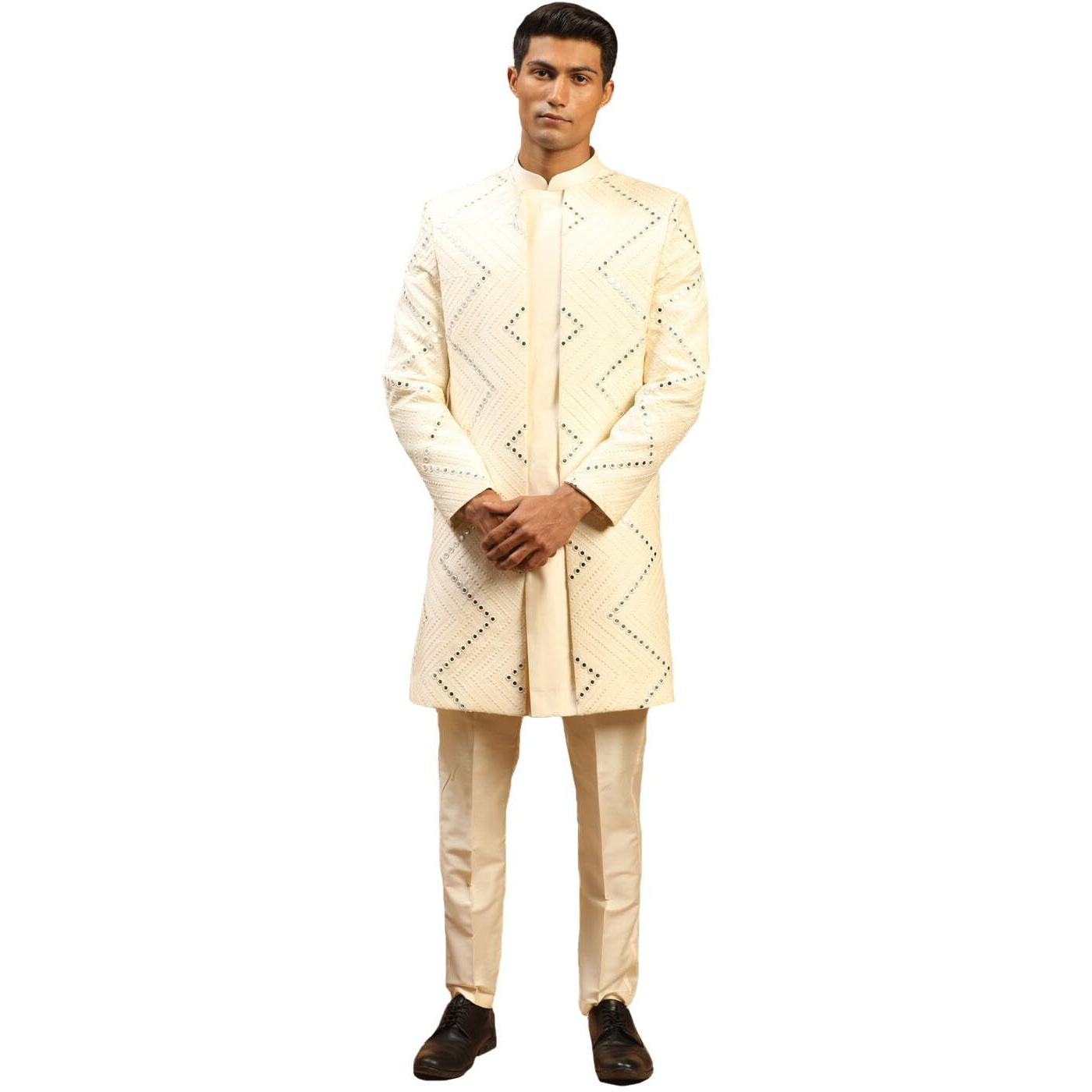 VASTRAMAY Men's Cream Viscose Sherwani Set | Mirror work Embellished Viscose Indo Western And Pant Style Pyjama For Men.