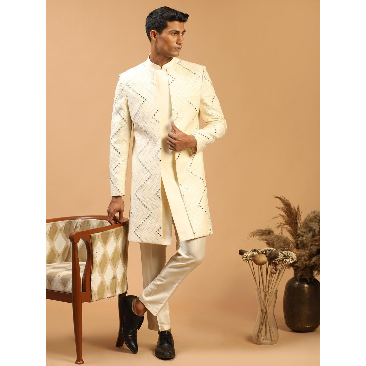 VASTRAMAY Men's Cream Viscose Sherwani Set | Mirror work Embellished Viscose Indo Western And Pant Style Pyjama For Men.