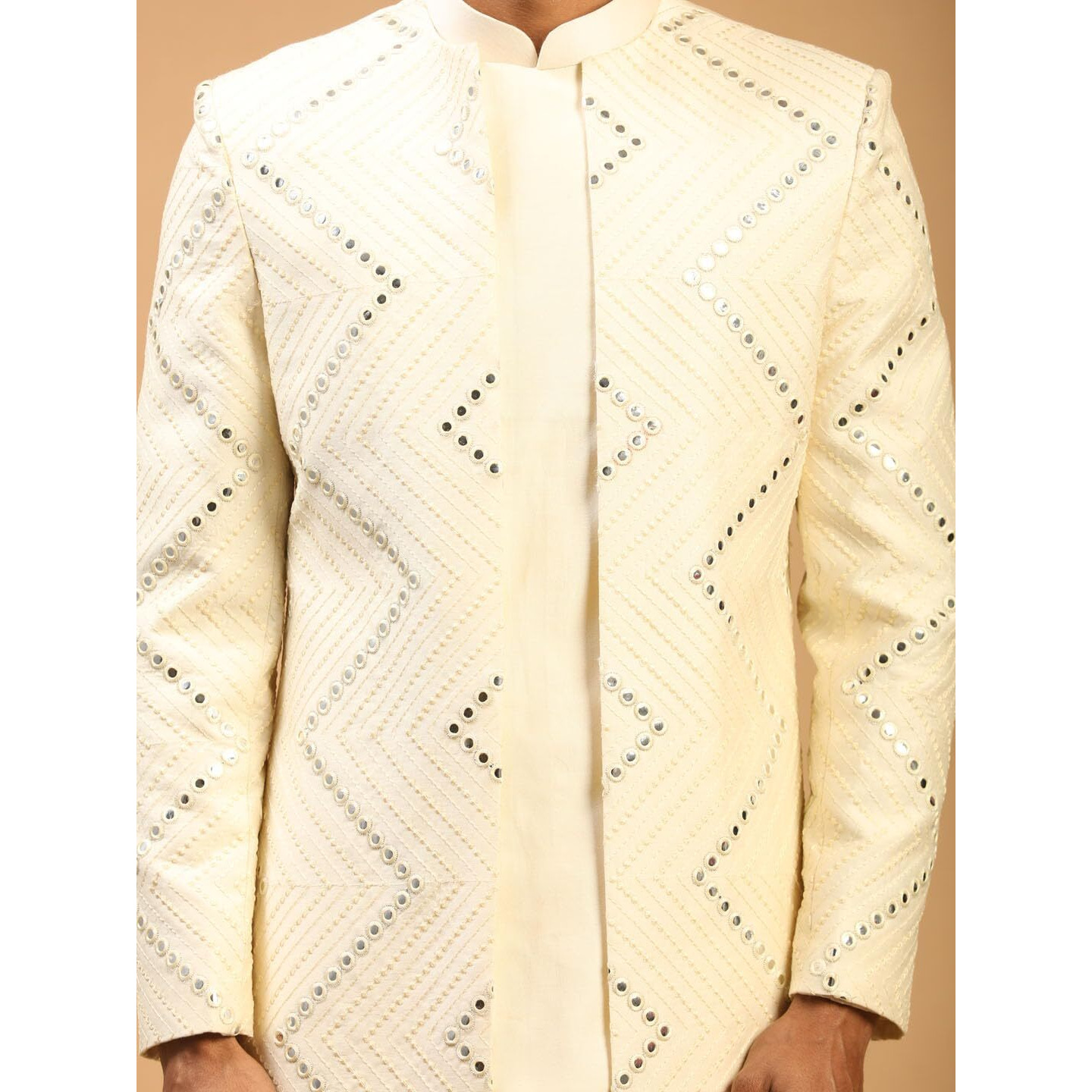 VASTRAMAY Men's Cream Viscose Sherwani Set | Mirror work Embellished Viscose Indo Western And Pant Style Pyjama For Men.