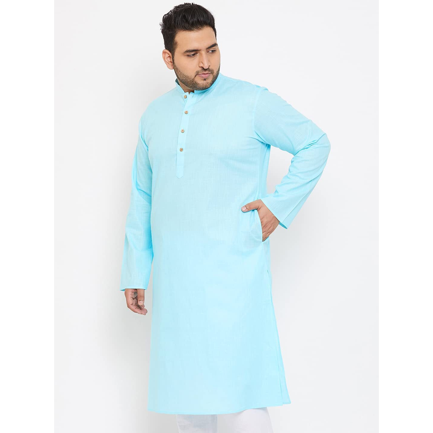 VASTRAMAY Plus Mens Cotton Blend Aqua Blue Kurta - Timeless Elegance for Festivals & Events_VPLUSMK007AQ_44