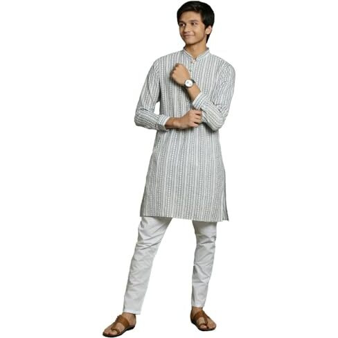 VASTRAMAY YUVA Boys' Grey And White Kurta Pyjama Set_VYUVBK210GYnPCWH_36L