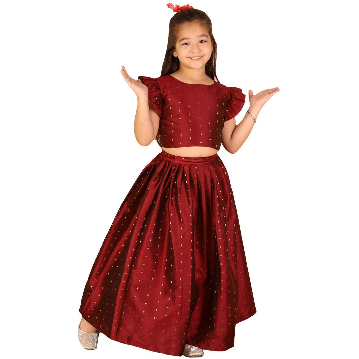 VASTRAMAY Girls' Maroon Lehenga Set - Handcrafted Sleeveless Crop Top and Flowy Skirt Set - Stylish and Comfortable Ethnic Wear