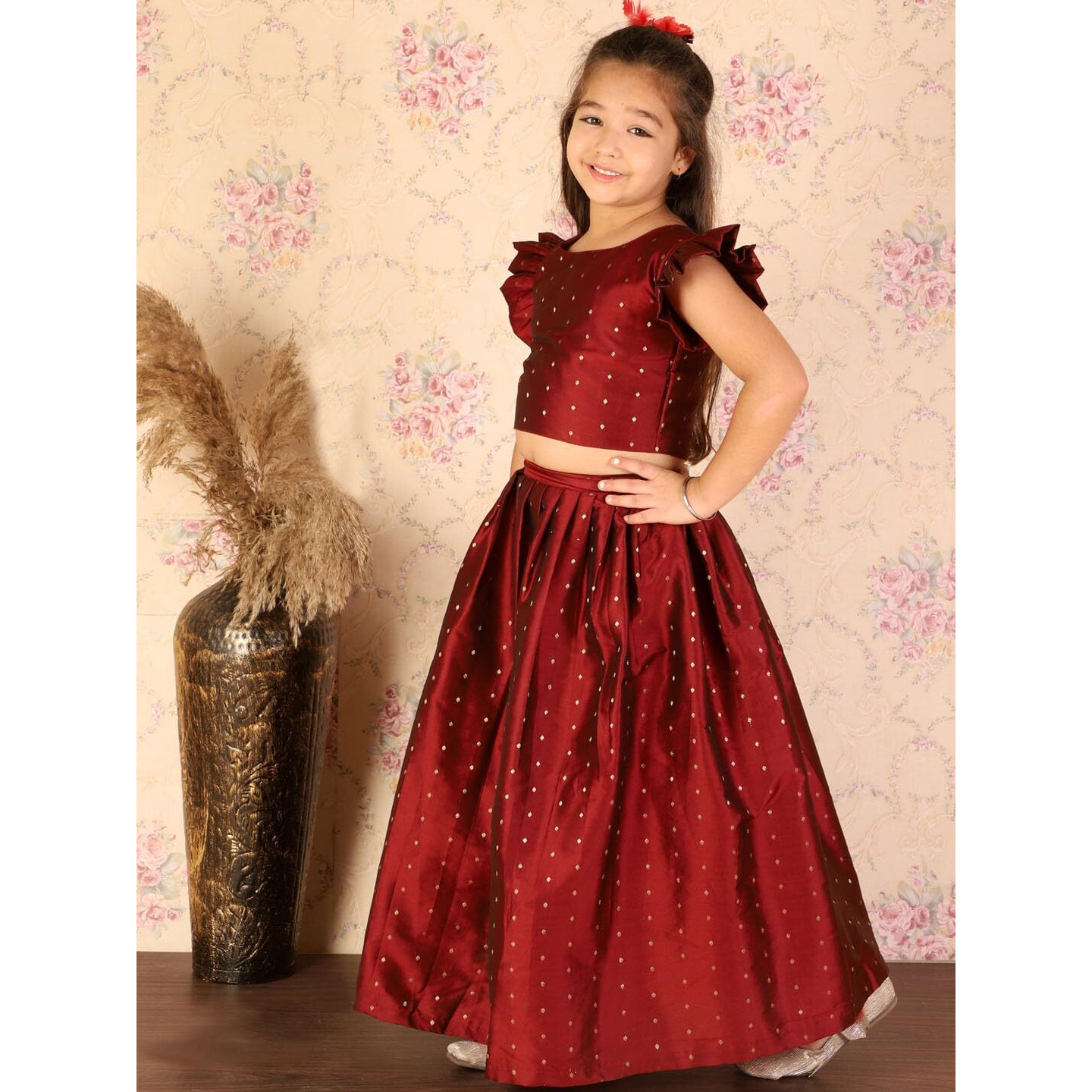 VASTRAMAY Girls' Maroon Lehenga Set - Handcrafted Sleeveless Crop Top and Flowy Skirt Set - Stylish and Comfortable Ethnic Wear