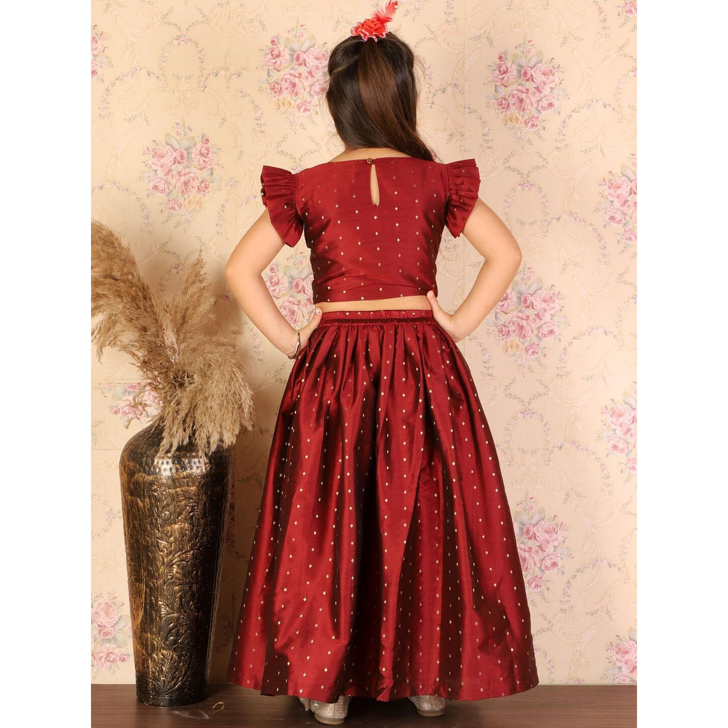 VASTRAMAY Girls' Maroon Lehenga Set - Handcrafted Sleeveless Crop Top and Flowy Skirt Set - Stylish and Comfortable Ethnic Wear