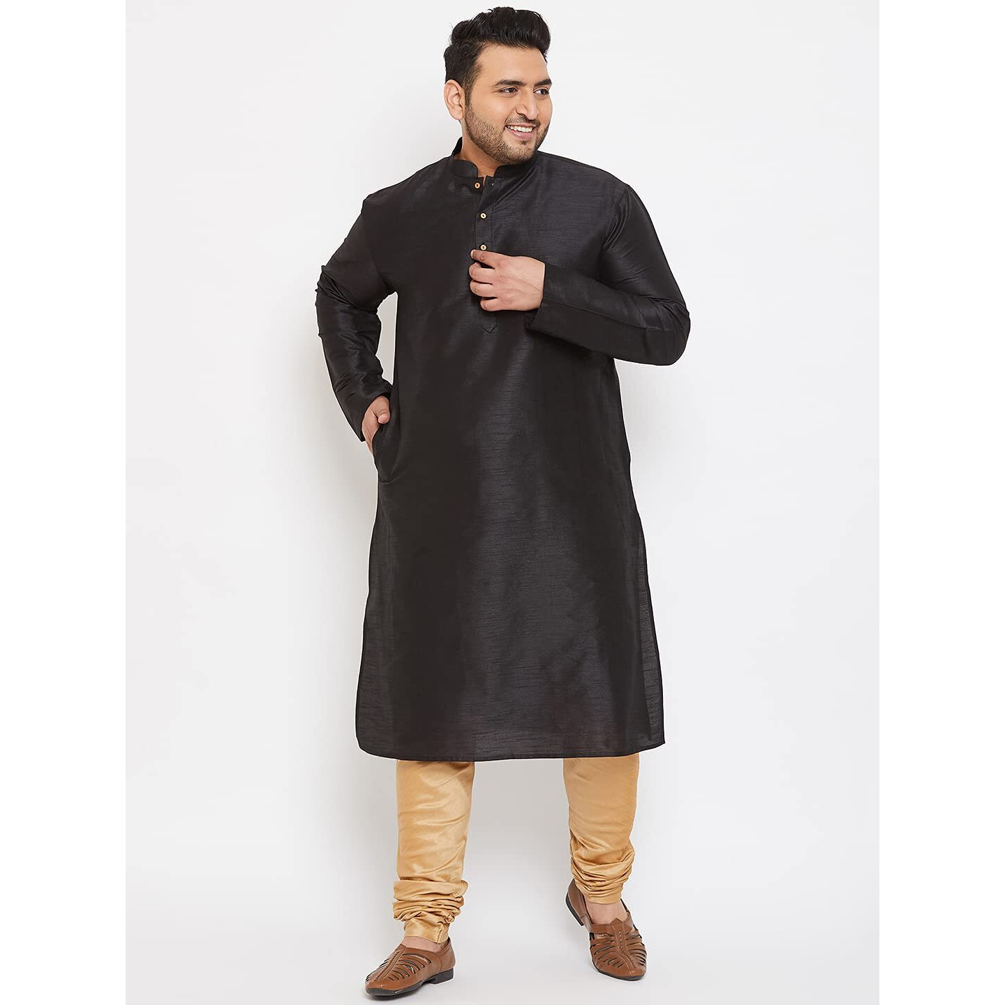VASTRAMAY Plus Size Men's Silk Blend Kurta Set-New Black