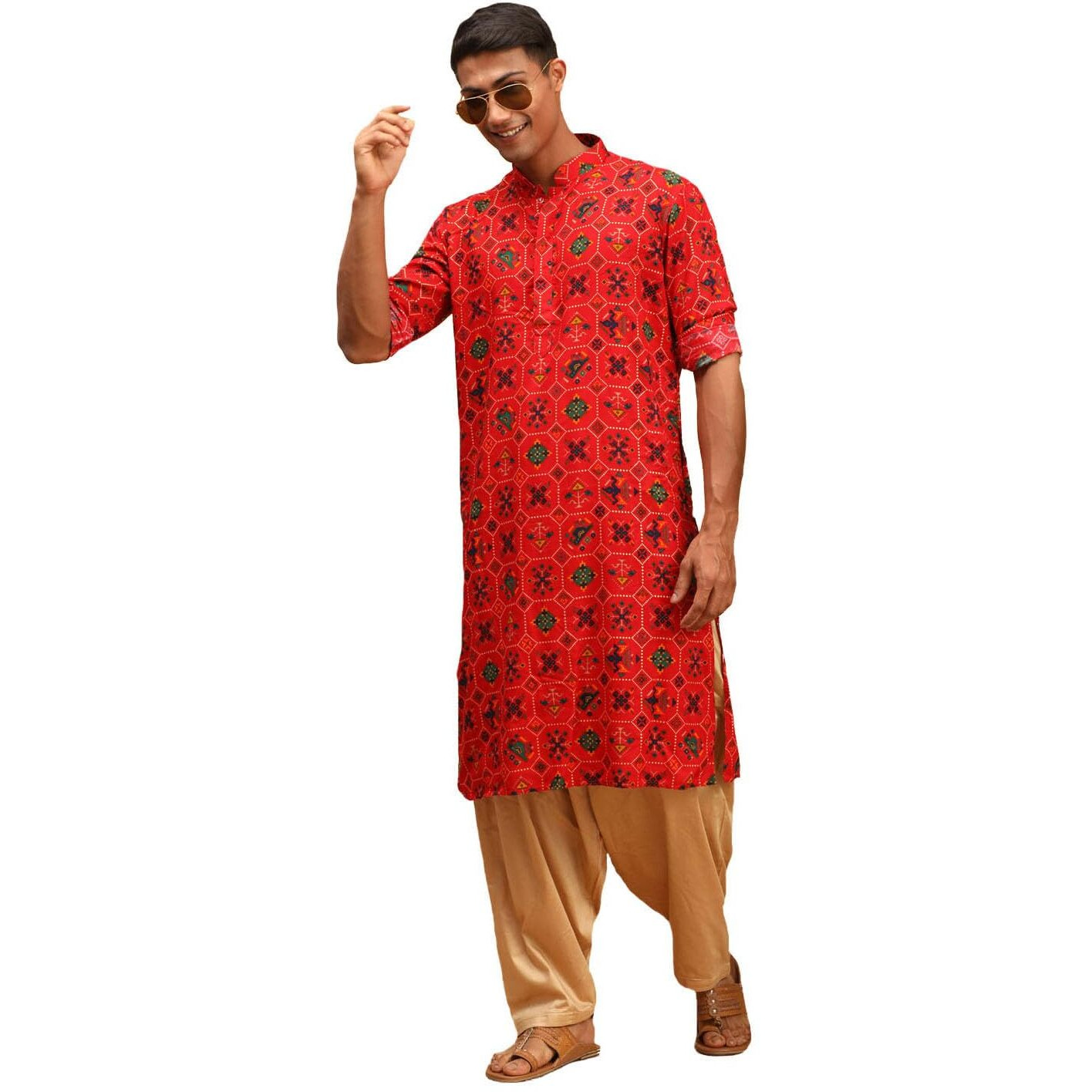 VASTRAMAY Men's Red and Rose Gold Cotton Blend Kurta and Patiala Set_VASMK160RDnPTYRG_40