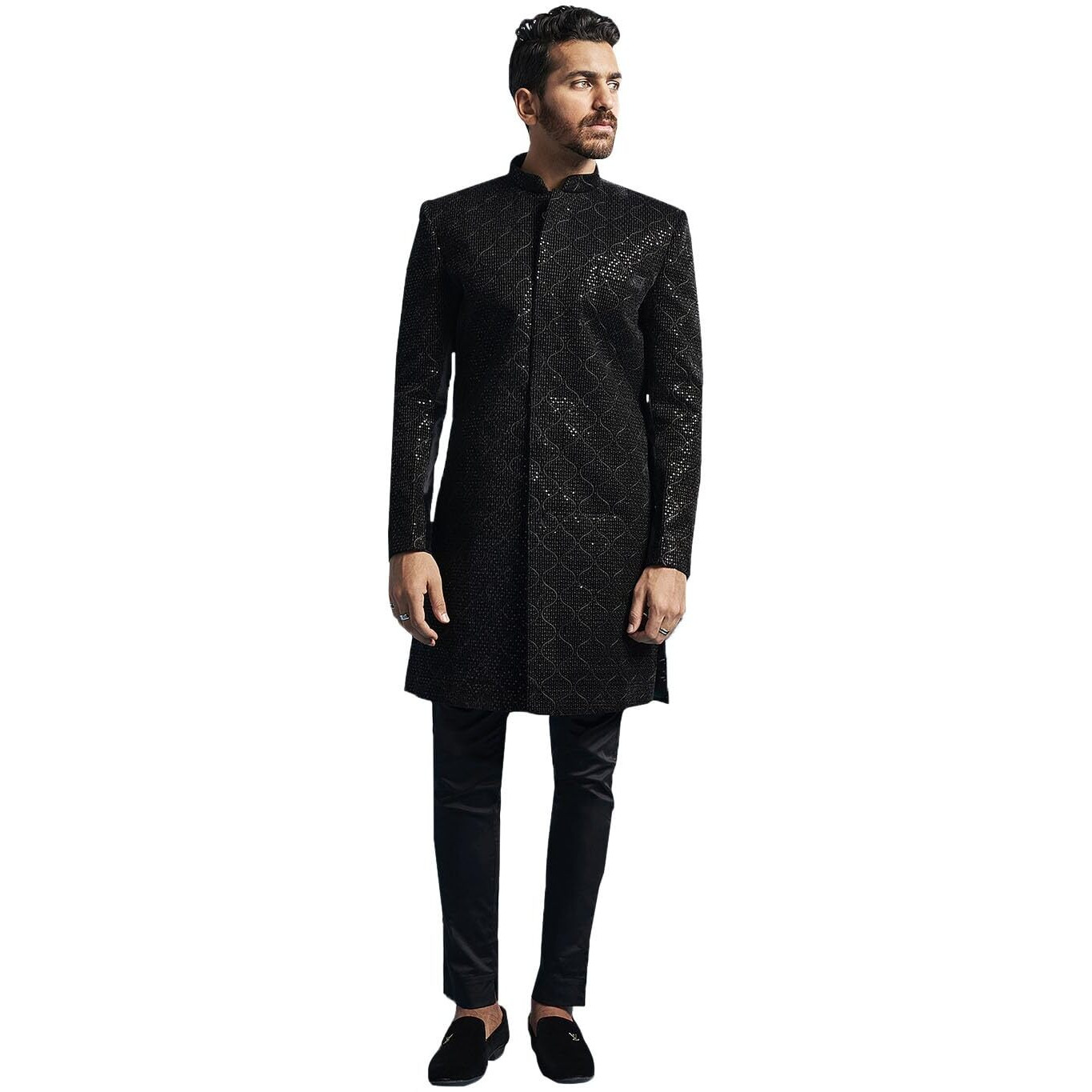 VASTRAMAY Men's Black Velvet Sherwani Set - Velvet Sequined Embroidered Indo Western And Pyjama Set