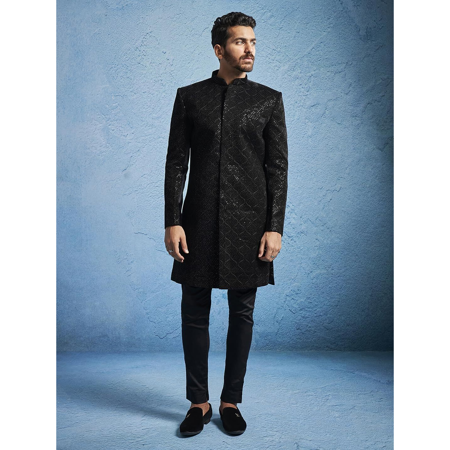 VASTRAMAY Men's Black Velvet Sherwani Set - Velvet Sequined Embroidered Indo Western And Pyjama Set