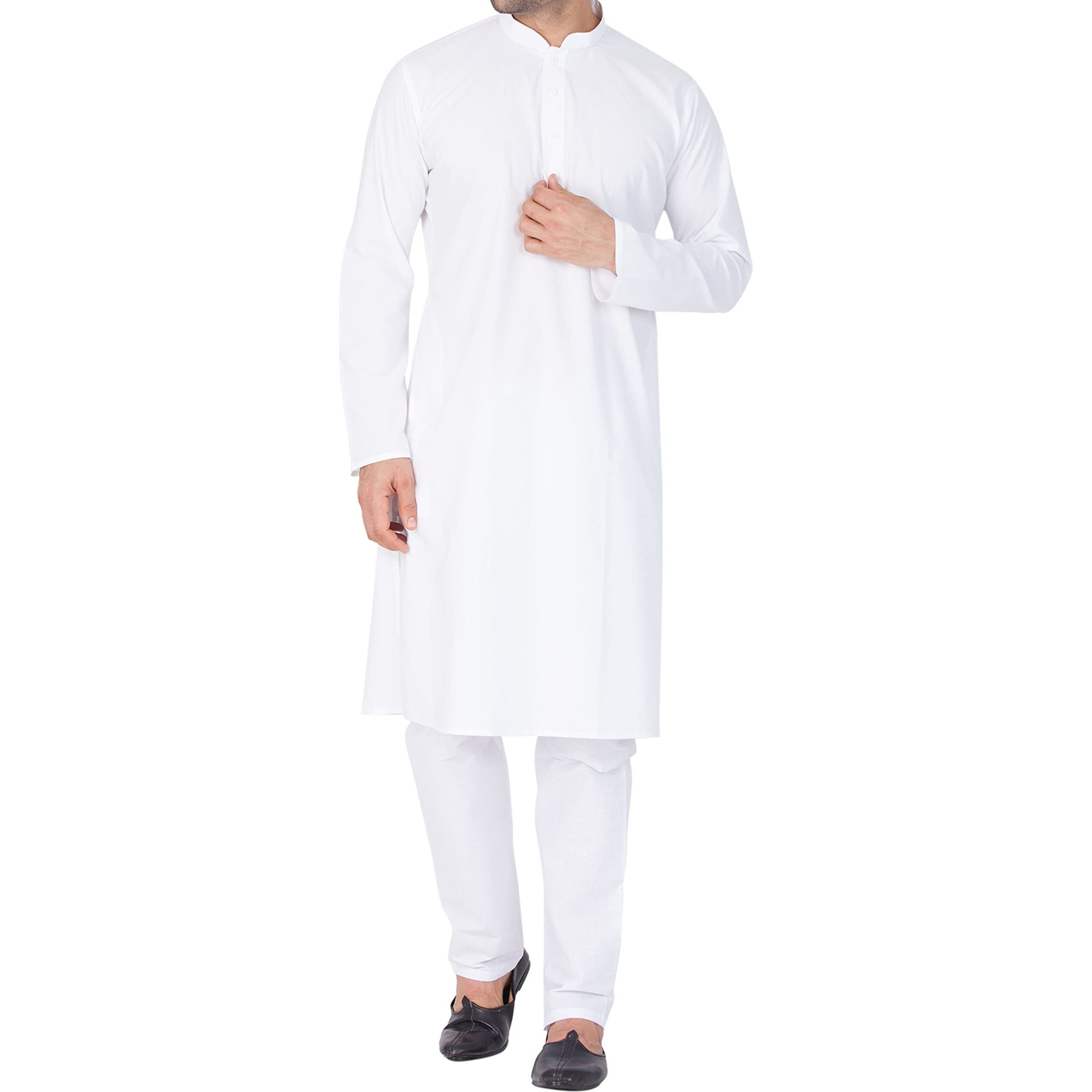 VASTRAMAY Men's White Cotton Linen Blend Kurta Pyjama Set_VASMK007WHnPLBBL_36