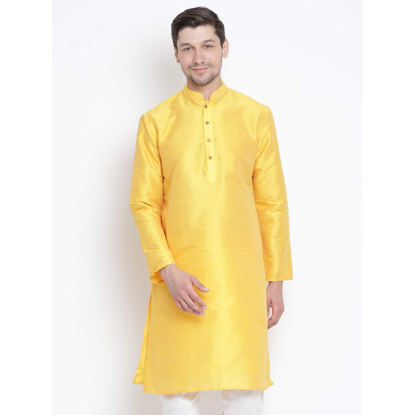 VM Mens Silk Blend Yellow Kurta - Elegance for Festivals & Events | Banarasi Silk with Slight Cotton mix Solid Full Sleeves Chinese Collar Kurta | Classic Design, Premium Comfort, and Versatile Style
