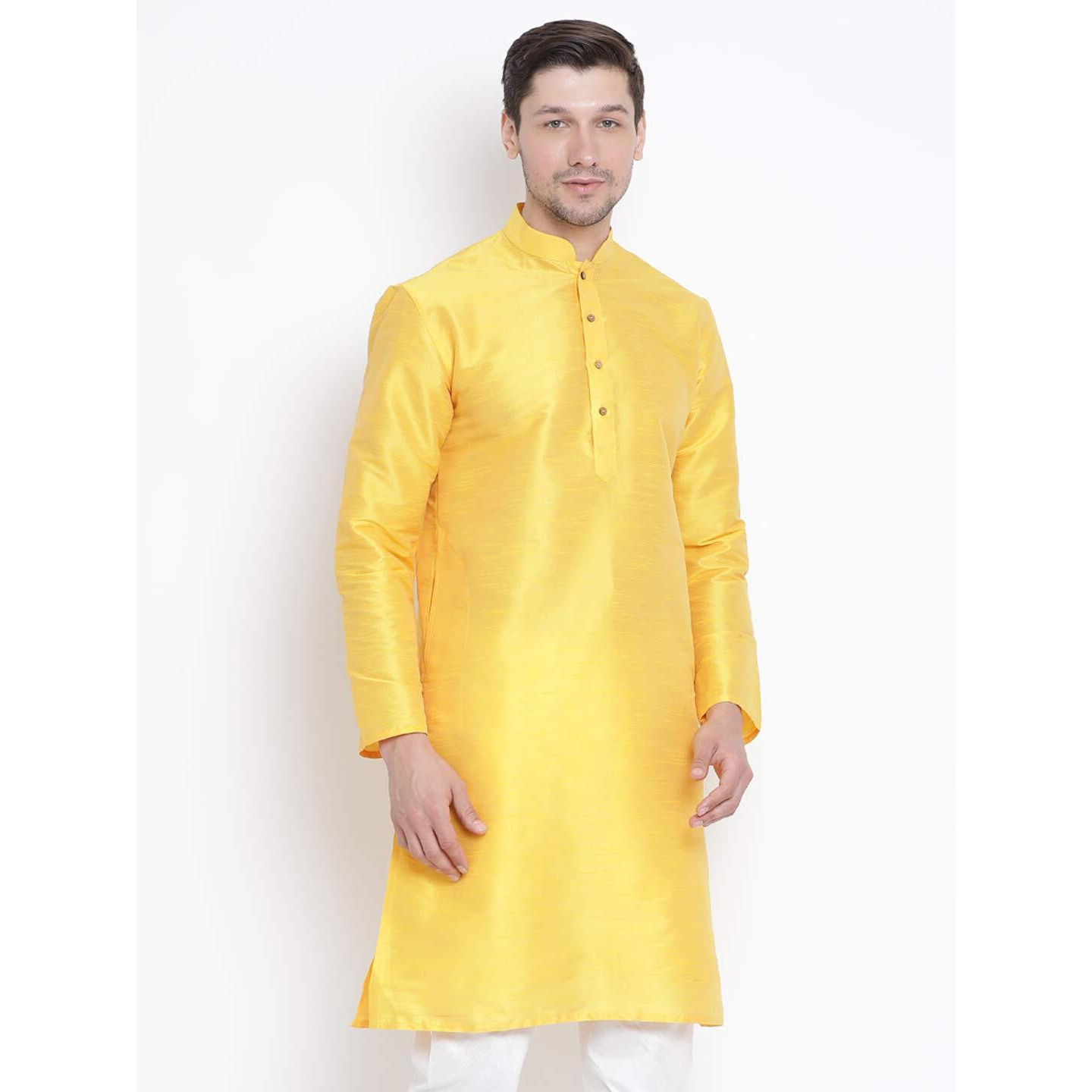 VM Mens Silk Blend Yellow Kurta - Elegance for Festivals & Events | Banarasi Silk with Slight Cotton mix Solid Full Sleeves Chinese Collar Kurta | Classic Design, Premium Comfort, and Versatile Style