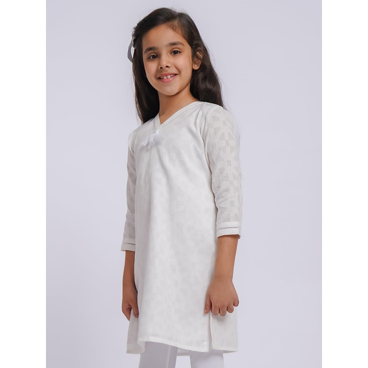 VASTRAMAY Girls' White Jacquard Cotton Kurta - Republic Day Special, Festive Ethnic Wear
