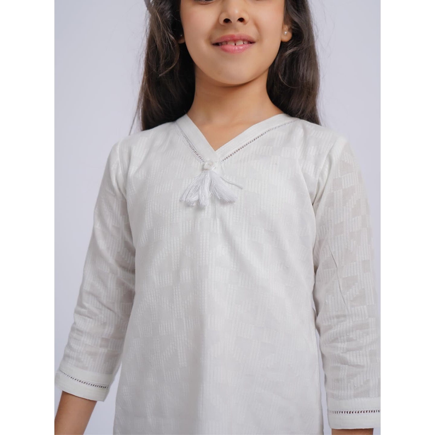 VASTRAMAY Girls' White Jacquard Cotton Kurta - Republic Day Special, Festive Ethnic Wear