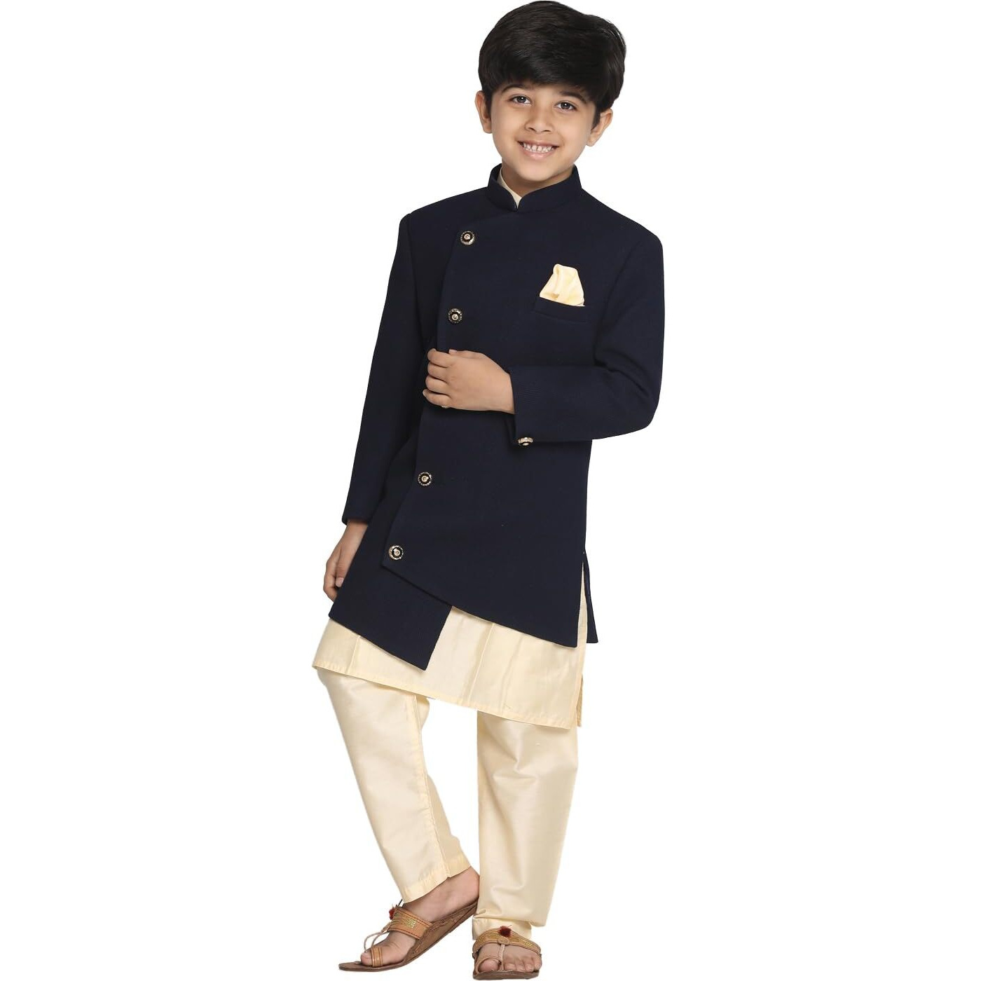 VASTRAMAY Boys' Navy Blue And Cream Indowestern Set