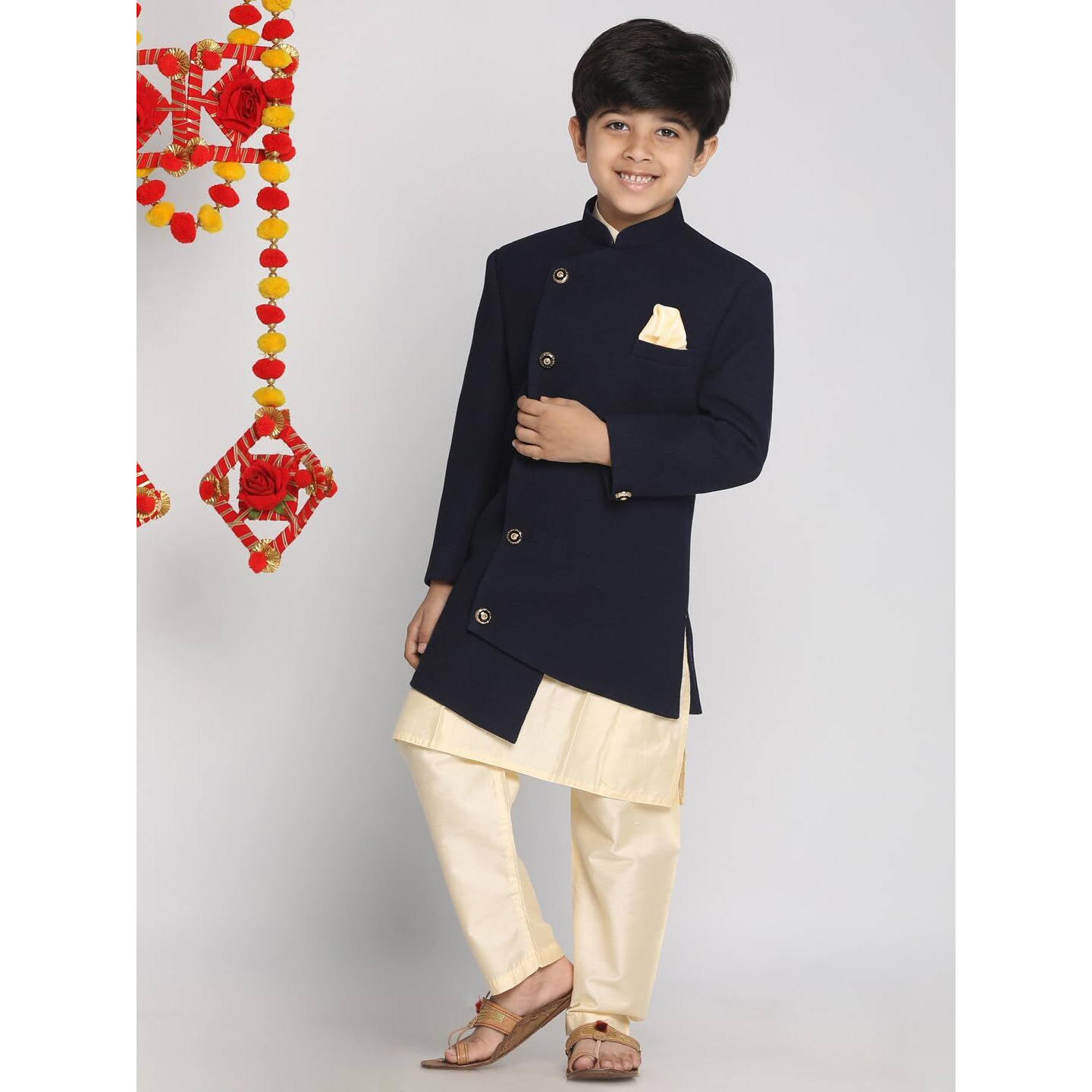 VASTRAMAY Boys' Navy Blue And Cream Indowestern Set