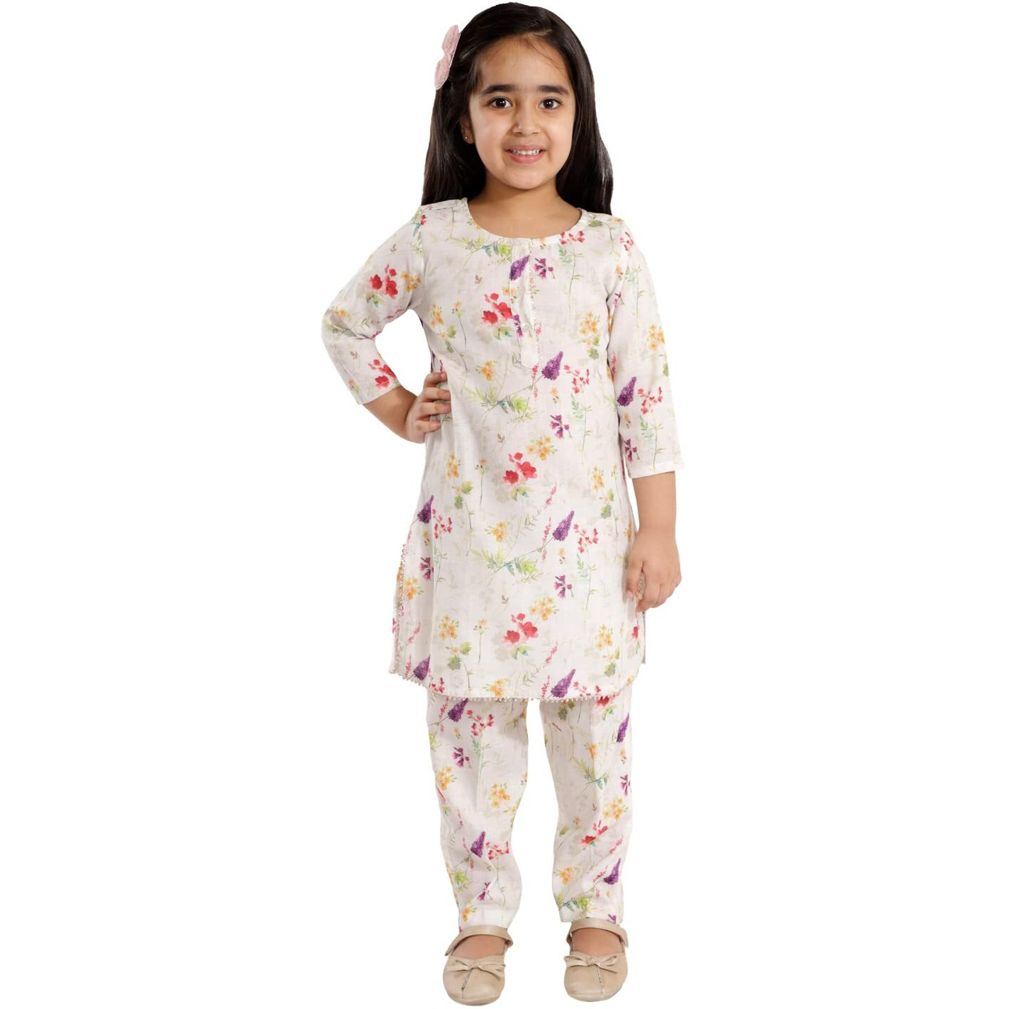 VASTRAMAY Girls' Printed Floral Linen Kurta And Straight Pant Set | Cotton Linen Printed Floral Kurta And Straight Pant set - Traditional Design - Ideal for Weddings, Festivals, and Special Occasions