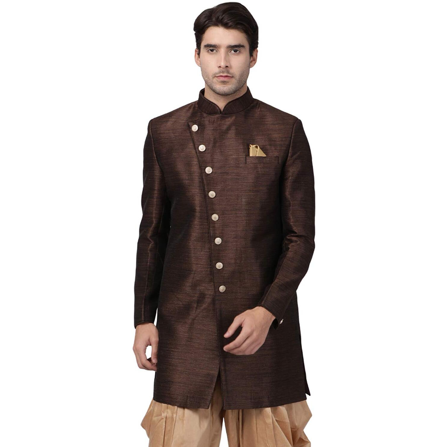 VASTRAMAY Men's Coffee Silk Blend Sherwani Only Top_VASMIW005CO_46