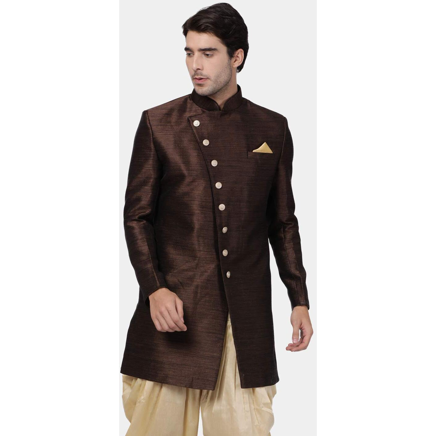 VASTRAMAY Men's Coffee Silk Blend Sherwani Only Top_VASMIW005CO_46