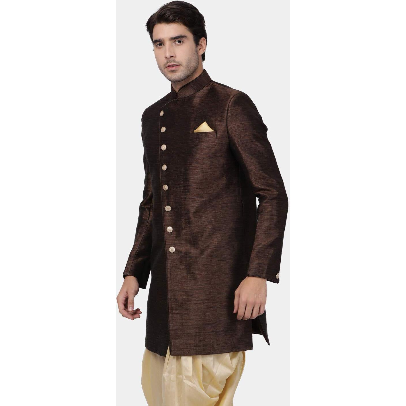 VASTRAMAY Men's Coffee Silk Blend Sherwani Only Top_VASMIW005CO_46