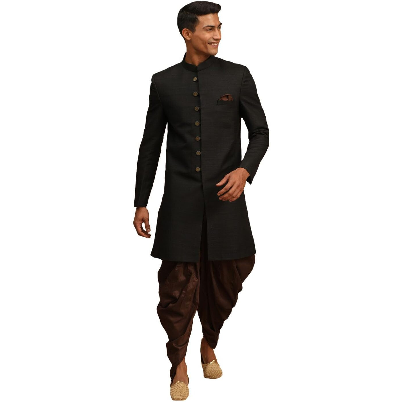 VASTRAMAY Bangalori Silk Indowestern Sherwani for Men  Slim Fit, Full Sleeves, Mandarin Neck, with Cowl Style Viscose Dhoti