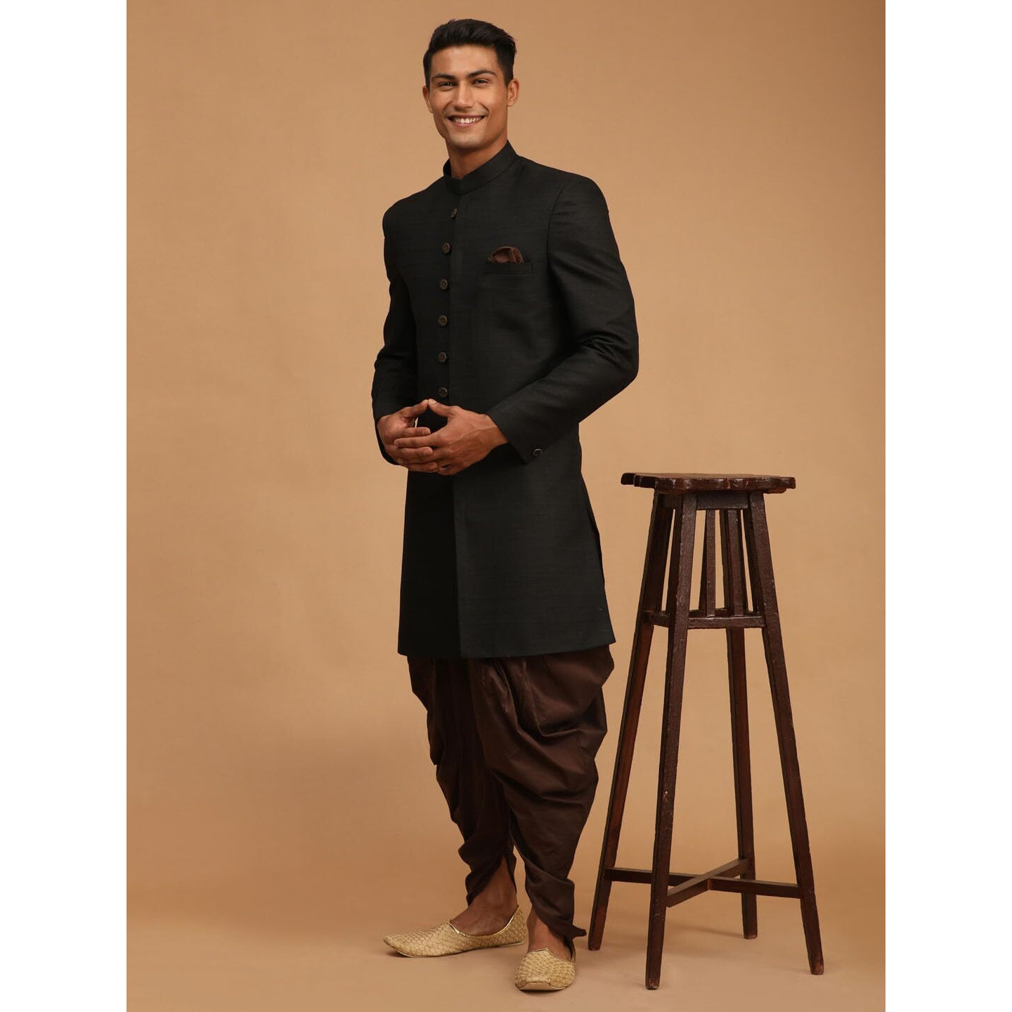 VASTRAMAY Bangalori Silk Indowestern Sherwani for Men  Slim Fit, Full Sleeves, Mandarin Neck, with Cowl Style Viscose Dhoti