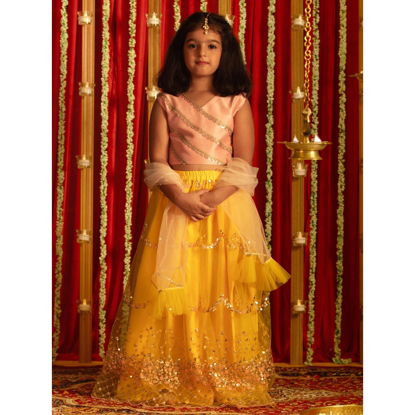 VASTRAMAY Girls' Pink And Yellow Lehenga Set With Net Dupatta_VTWGLC036YWnD_34L