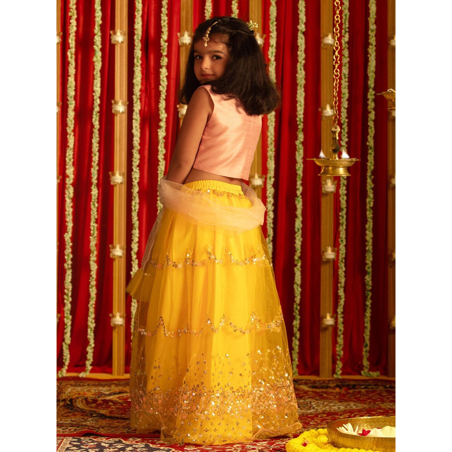 VASTRAMAY Girls' Pink And Yellow Lehenga Set With Net Dupatta_VTWGLC036YWnD_34L
