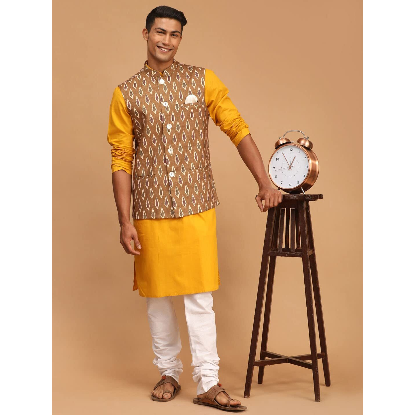 VASTRAMAY Men's Mustard, Green And White Cotton Blend Jacket, Kurta and Pyjama Set-VASMJ060GNnK007MDnPCWH_40