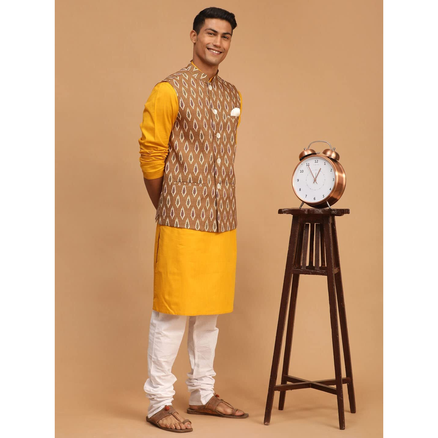 VASTRAMAY Men's Mustard, Green And White Cotton Blend Jacket, Kurta and Pyjama Set-VASMJ060GNnK007MDnPCWH_40