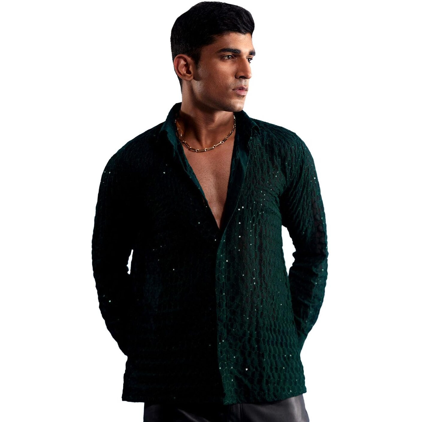 VASTRAMAY Men's Green Georgette Ethnic Shirt_VASMSH209GN_36
