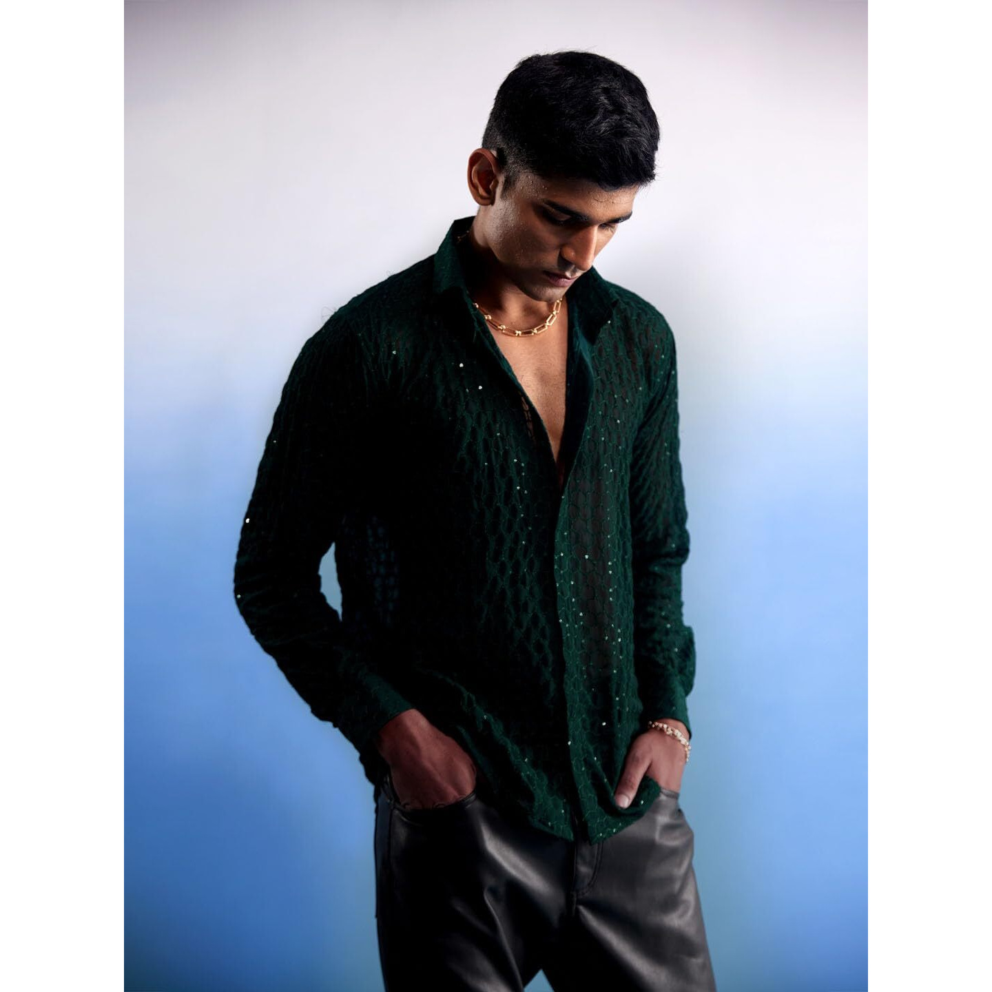 VASTRAMAY Men's Green Georgette Ethnic Shirt_VASMSH209GN_36