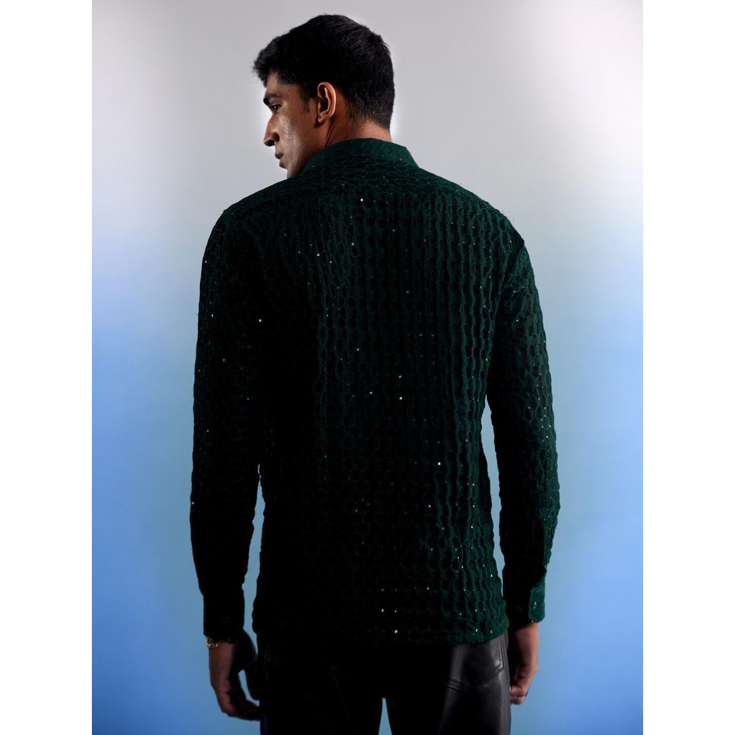 VASTRAMAY Men's Green Georgette Ethnic Shirt_VASMSH209GN_36