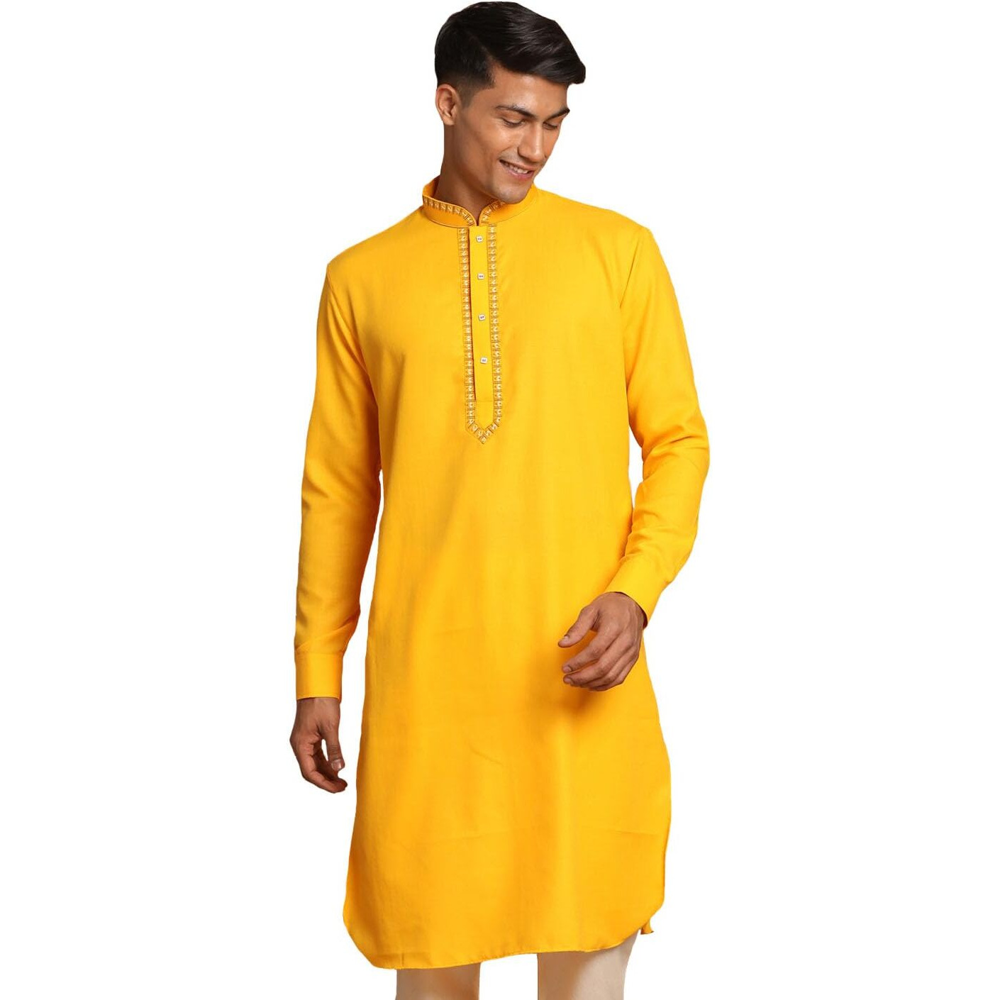 VASTRAMAY Men's Yellow Cotton Blend Kurta-VASMK157YW_40