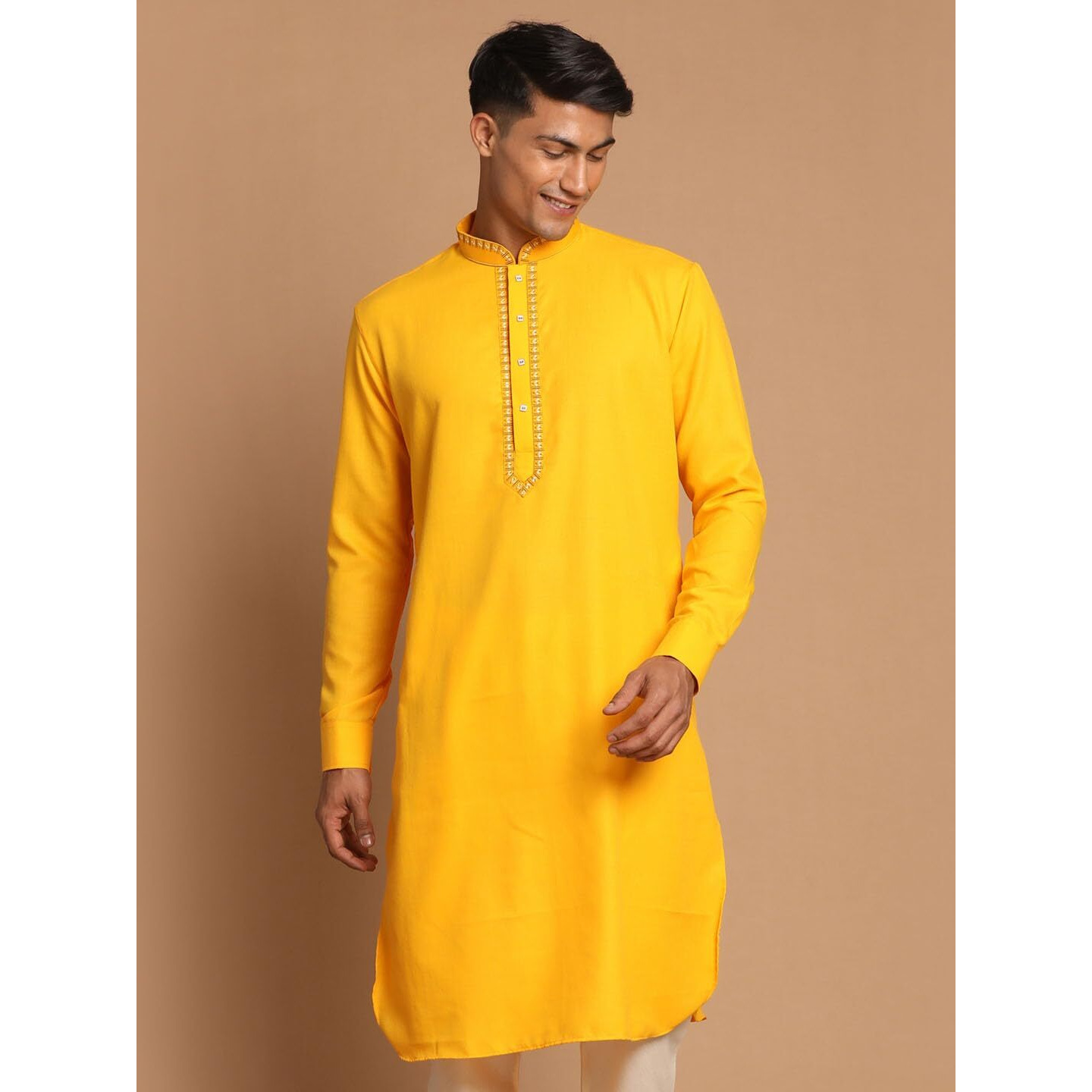 VASTRAMAY Men's Yellow Cotton Blend Kurta-VASMK157YW_40