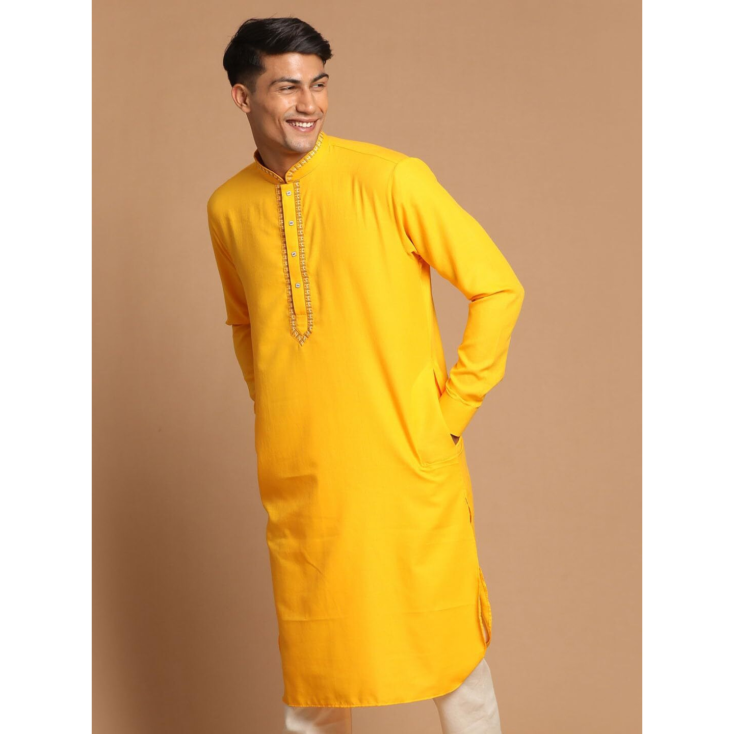 VASTRAMAY Men's Yellow Cotton Blend Kurta-VASMK157YW_40