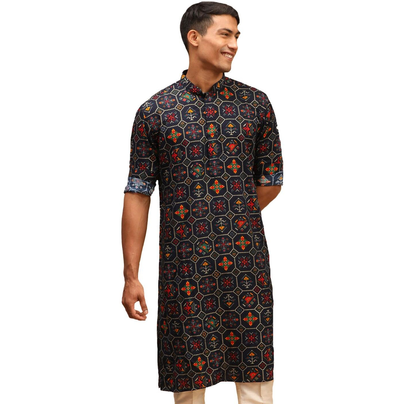 VASTRAMAY Men's Blue Cotton Blend Kurta | Longline Pathani Style Rayon Printed | Kurta for Festivals - Stylish, Comfortable - Perfect for Celebrations and Cultural Events, Navratri & Diwali