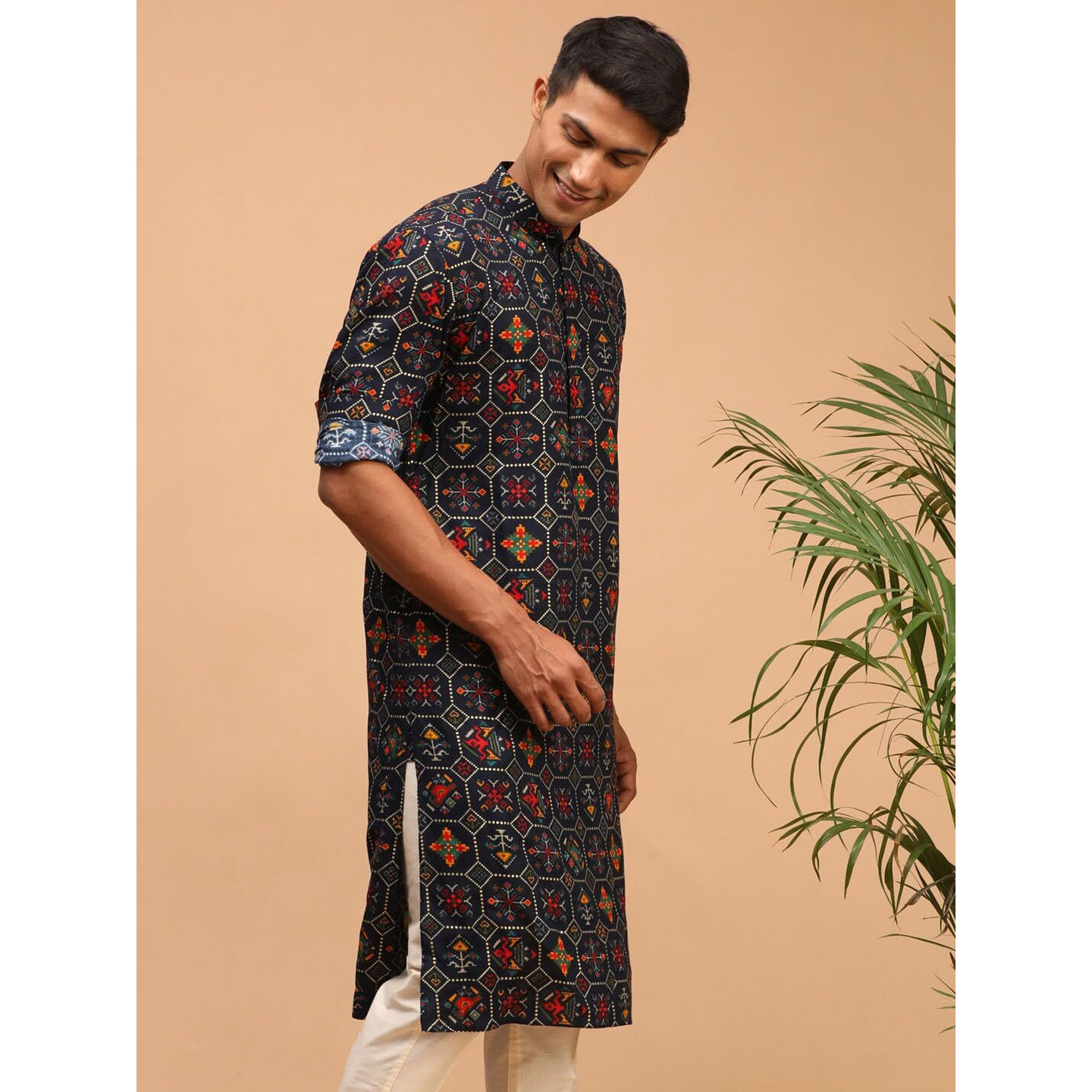 VASTRAMAY Men's Blue Cotton Blend Kurta | Longline Pathani Style Rayon Printed | Kurta for Festivals - Stylish, Comfortable - Perfect for Celebrations and Cultural Events, Navratri & Diwali