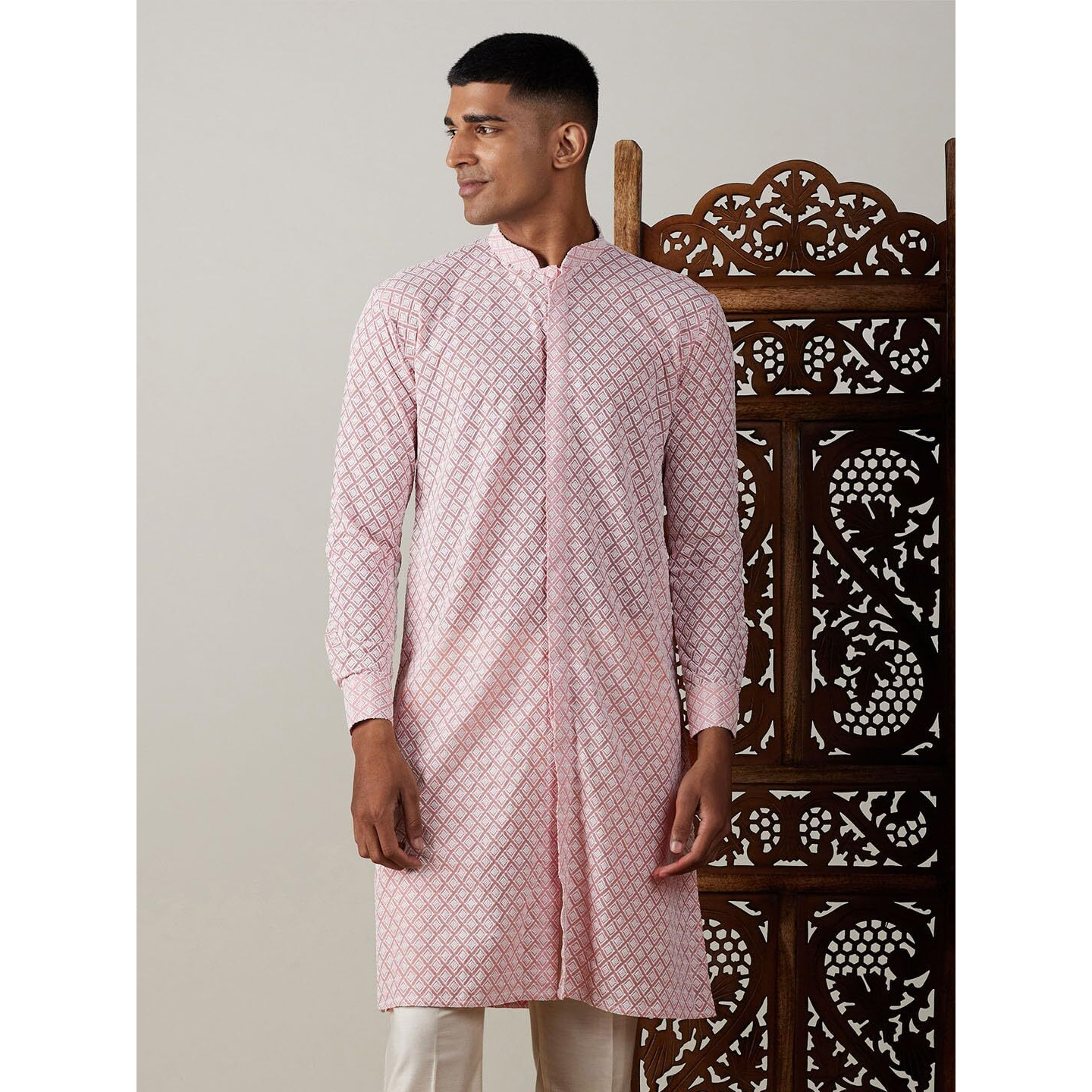 VASTRAMAY Men's Pink Georgette Kurta-VASMK181PN_36