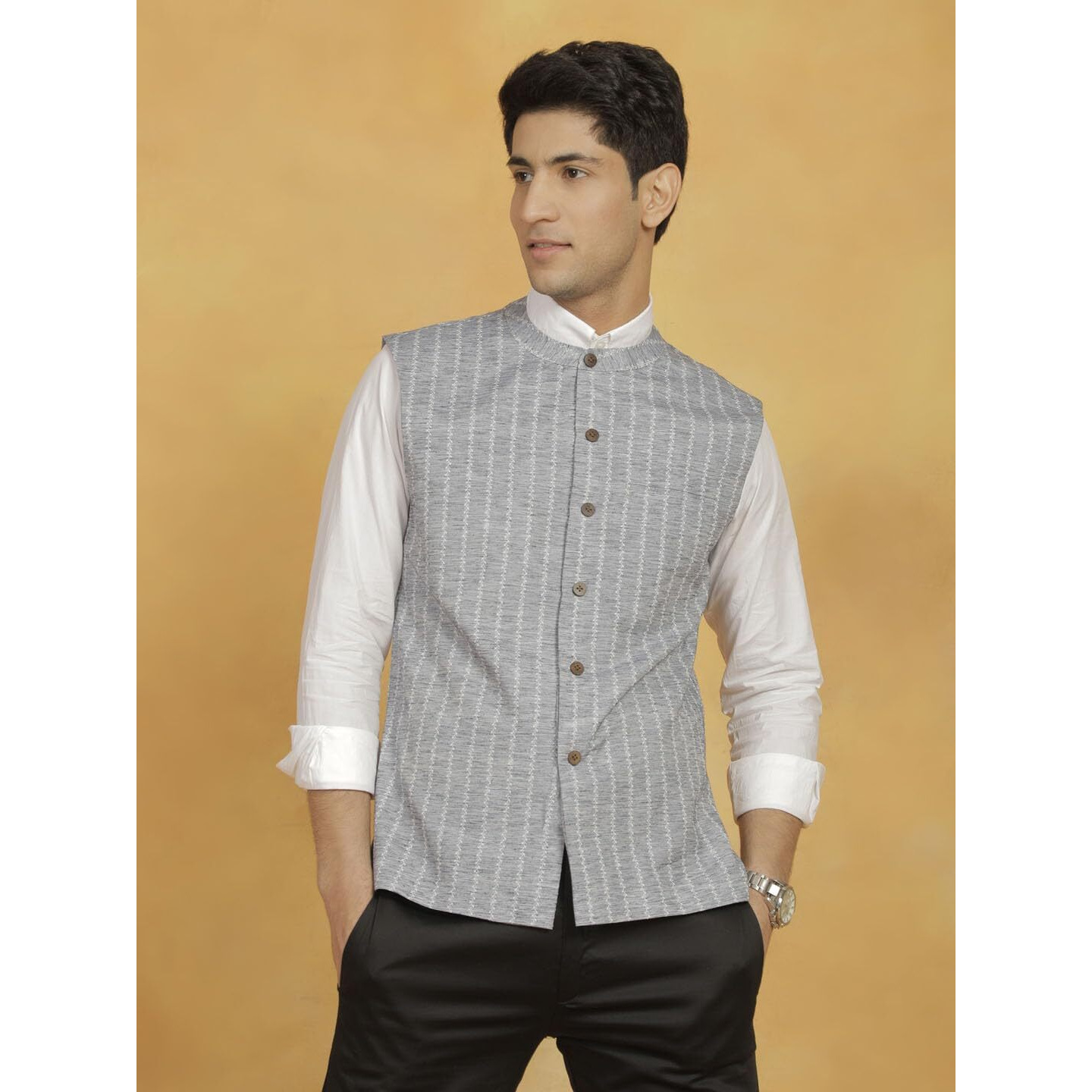 VASTRAMAY Men's Cotton Kurta I Self Design Jacket Regular Nehru Jacket I Fastive Party Wedding Neharu Jackets_VASMJ296GY_40