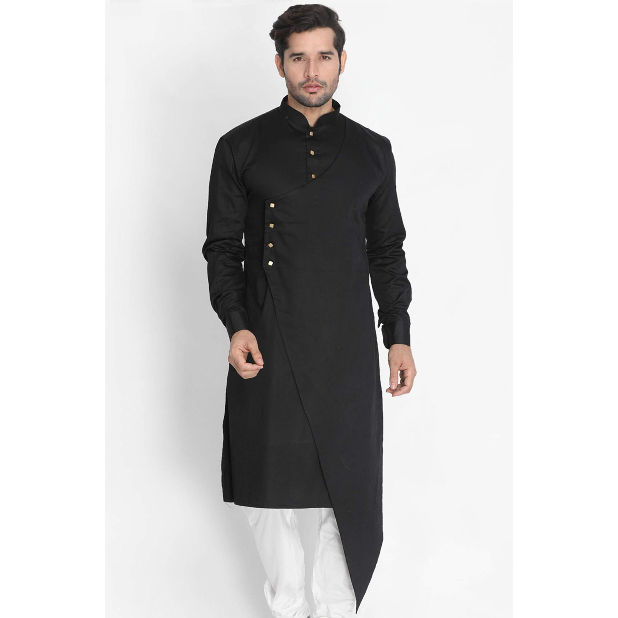 VASTRAMAY Men's Black Cotton Blend Kurta_VASMK062BL_44