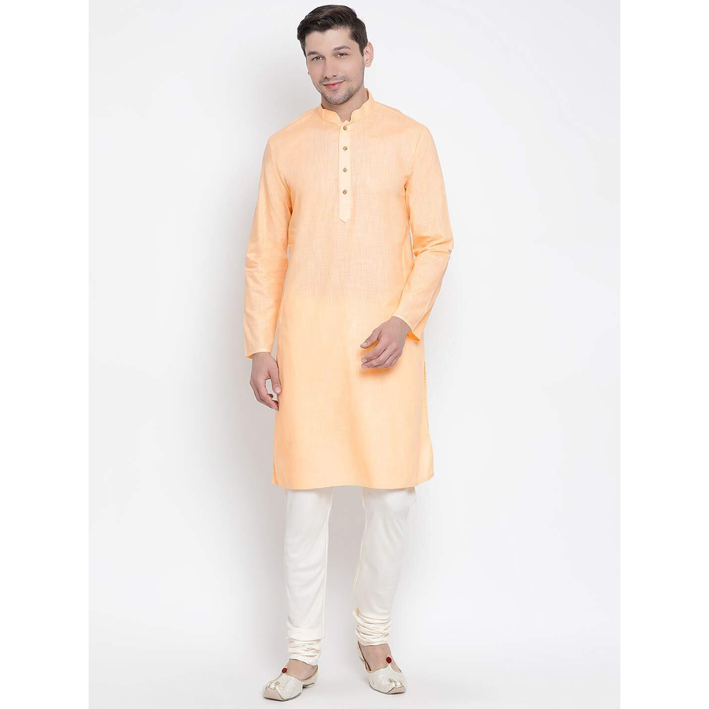 VASTRAMAY Men's Orange Cotton Linen Blend Kurta Pyjama Set_VASMK007FNnPLBCR_38