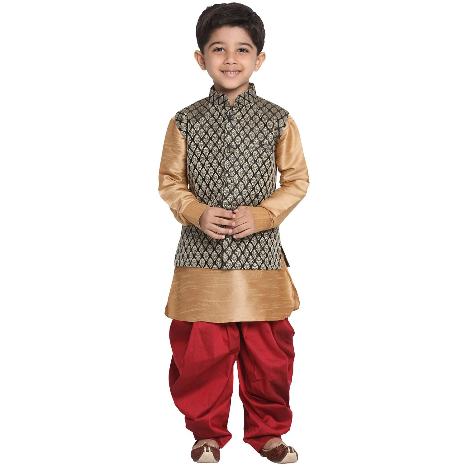 JBN Creation Boys Silk Blend Rose Gold and Black Kurta dhoti Jacket Set - Ethnic Elegance for Festivals_VASnBJ005BLnBUK001RGnCDMA_36